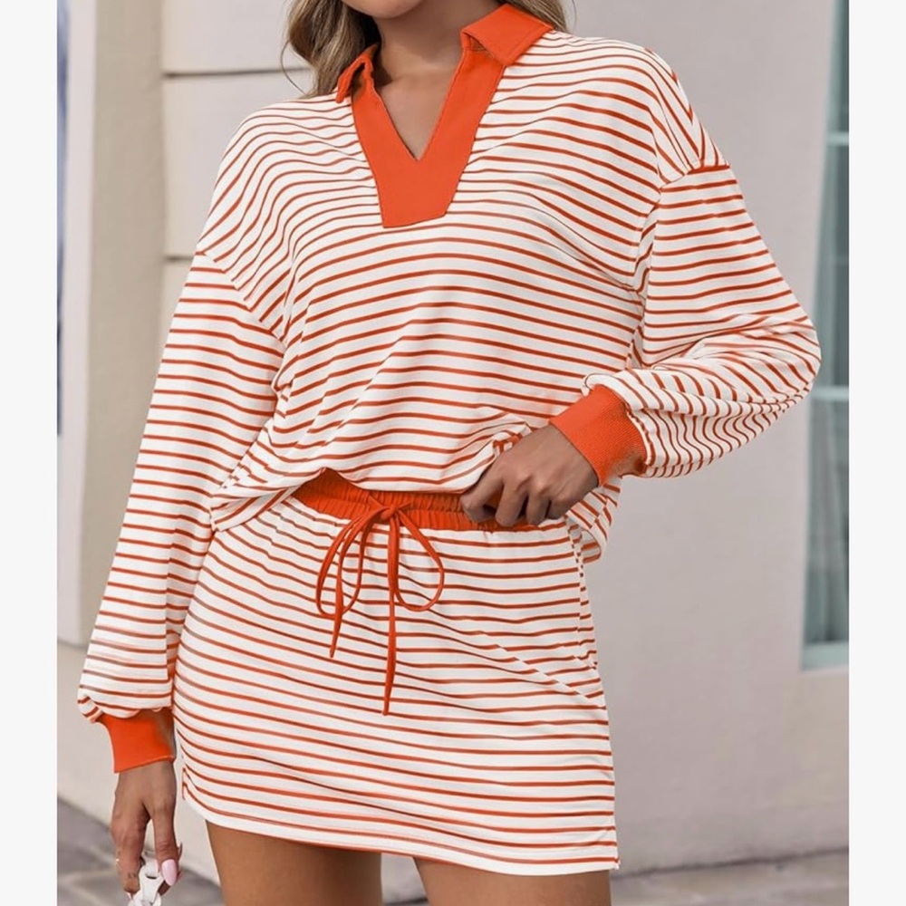 Women’s Orange Stripe Collar Drawstring Skirt Set